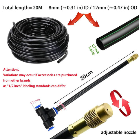 Greenhouse Drip Irrigation Kit With 20 Brass 360 Degree Adjustable Nozzles, 65 Ft 1/2 Inch Tubing components and dimensions