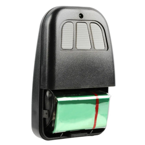 Visor Remote For Classic Drive Garage Door Opener Replacement Gate Opener 303 MHz Compatible With Models 3012 3016 3512 3212 3213 341 Includes Clip And Battery Easy Step By Step Programming Instructions showing back view with battery