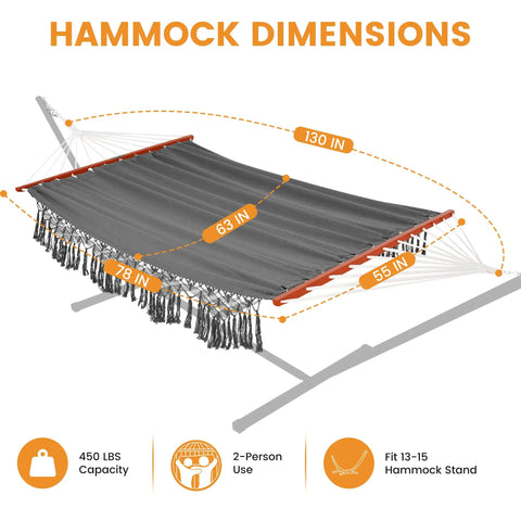 Cotton Double Hammock With 55 Inch Spreader Bar, Portable Camping Hammock Kit in dark gray with dimensions labeled.
