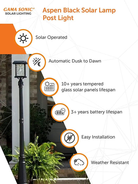 Aspen Solar Lamp Post Light Outdoor Waterproof Aluminum With Clear Rain Glass 3-Inch Fitter in a garden setting, features highlighted