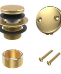 Slick Brushed Gold Tub Drain And Overflow Kit components including bath stopper, assembly parts, and screws.