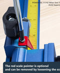 Close-up of Top Shelf Adjustable Swing Flip Stop With Universal T Track Fence Rails, showing a red scale pointer and measurements.