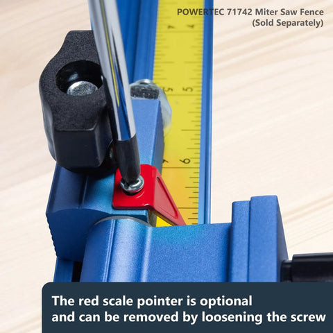 Close-up of Top Shelf Adjustable Swing Flip Stop With Universal T Track Fence Rails, showing a red scale pointer and measurements.