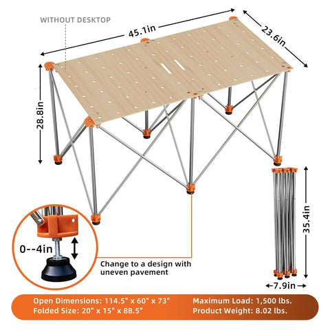 Beefed Up Portable Folding Workstand With 2x4 Foot Span, 2500 Lbs Capacity, Thickened Legs, Round Steel X Braces, And 4 Inch Adjustable Leveling Feet.