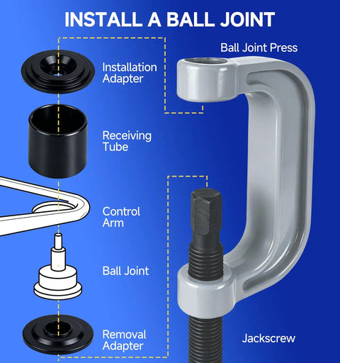 Diagram of 10 Piece Ball Joint Press Kit And Heavy Duty Removal Tool For Easy Auto Repair with components labeled for assembly.