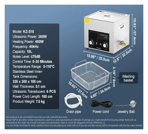 Grease Monkey Certified Ultrasonic Cleaning Bath For Automotive Fuel Injectors And Carburetors Using High Frequency Waves To Peel Off Caked On Dirt Effortlessly, 15L, stainless steel with control panel.