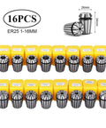16PCS ER25 collet set 1-16mm for CNC milling with precision holders, gray steel, ideal for engraving machine spindles.
