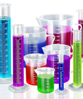Classroom Science Kit With Plastic Graduated Cylinders And Beakers Set, 10ml 25ml 50ml 100ml 250ml Cylinders And 50ml 100ml 250ml 500ml 1000ml Beakers, Durable Reusable Clear Lab Gear For Students arranged with colorful liquids