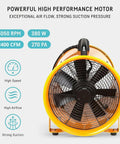 Front view of Beast 12-Inch Industrial Blower Fan with 2400 CFM, highlighting powerful motor, high speed, airflow, and suction features.