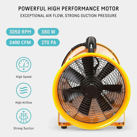 Front view of Beast 12-Inch Industrial Blower Fan with 2400 CFM, highlighting powerful motor, high speed, airflow, and suction features.