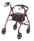 Top Notch Aluminum Folding Rollator Walker With Super Comfy Padded Seat Removable Back Support And Roomy Storage Sling Smooth Rolling 7.5 Inch Wheels in red.
