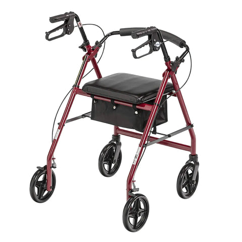 Top Notch Aluminum Folding Rollator Walker With Super Comfy Padded Seat Removable Back Support And Roomy Storage Sling Smooth Rolling 7.5 Inch Wheels in red.