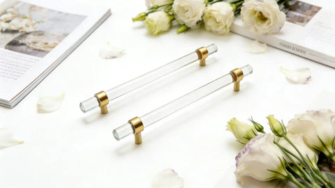 Brushed Brass And Clear Acrylic Cabinet Pulls, Modern T Bar Design, 11.2 Inch Total Length, 9 Inch Hole Center, shown with flowers