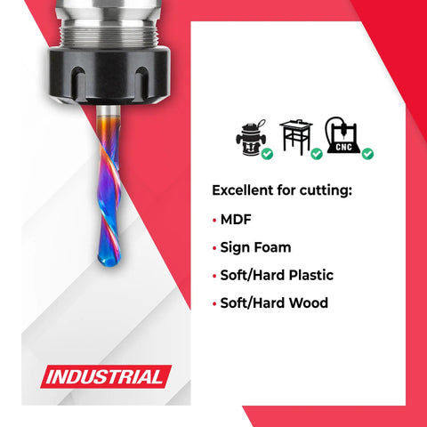 Spektra Extreme Tool Life Coated Down-Cut Ball Nose Router Bit 1/8 Radius with CNC icons and cutting material list