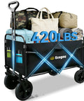 Foldable Collapsible Wagon Cart with All Terrain Wheels loaded with gear, drink holders, and 420 lbs capacity showing front view.