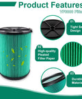 2 Pack VF6000 HEPA Replacement Filter For 5 To 20 Gallon Wet Dry Vacuums Top Notch Filtration For Drywall Dust And Debris Easy Install Shop Vac Filter Fits WD5500 WD0671 WD6425 WD7000 WD1280 WD1851 WD1680 WD1956 And More product features diagram