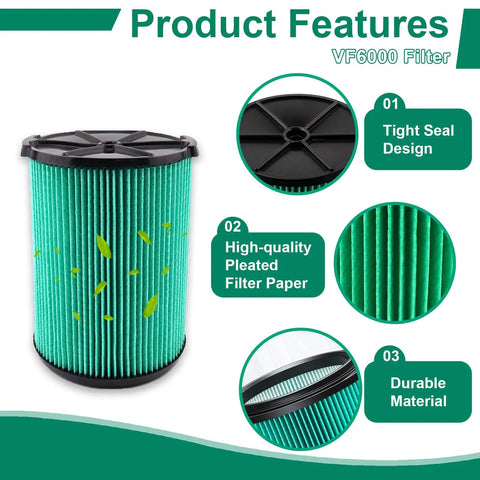 2 Pack VF6000 HEPA Replacement Filter For 5 To 20 Gallon Wet Dry Vacuums Top Notch Filtration For Drywall Dust And Debris Easy Install Shop Vac Filter Fits WD5500 WD0671 WD6425 WD7000 WD1280 WD1851 WD1680 WD1956 And More product features diagram
