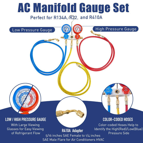3.6 CFM AC Vacuum Pump And Gauge Set For R410A Refrigerants Home Mini Split Kit with color-coded hoses and R410A adapter
