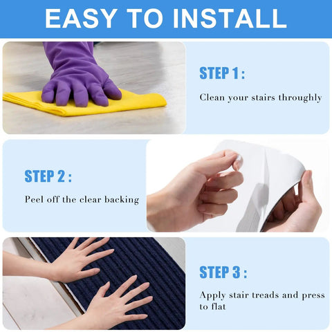 Steps for installing Non Slip Stair Treads 8x30 Inches 15 Pack Navy Blue with Reusable Adhesive Indoor Rug Runners