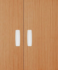 Top Grade No Hassle Self Adhesive Cabinet Handles Pair White Pp Drawer Knobs mounted on wooden cabinet doors.