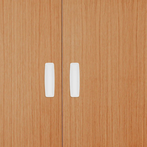 Top Grade No Hassle Self Adhesive Cabinet Handles Pair White Pp Drawer Knobs mounted on wooden cabinet doors.