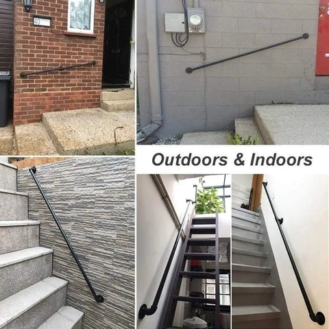 Matte Black Industrial Pipe Handrail Non Slip Wall Mounted Stair Banister for both outdoor and indoor stairway safety.