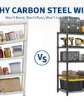 Comparison of basic plastic shelving and Tough As Nails Rock Solid Heavy Duty Metal Storage Rack Five Tier Wire Shelf.