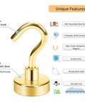 Crazy Strong Magnetic Hooks Pack Of 6 Heavy Duty NdFeB Magnets with golden finish, steel base, shown with unique features