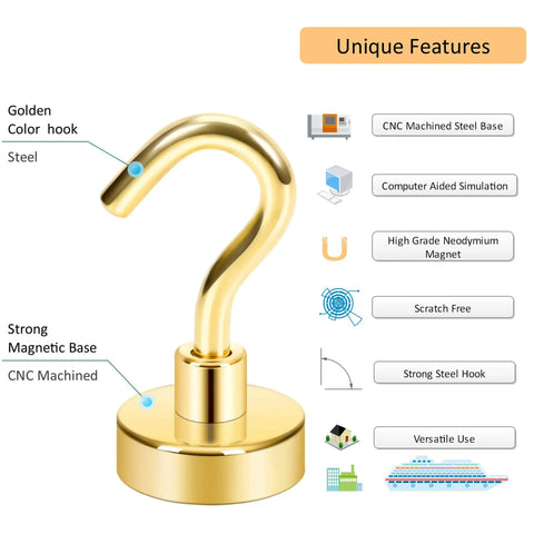 Crazy Strong Magnetic Hooks Pack Of 6 Heavy Duty NdFeB Magnets with golden finish, steel base, shown with unique features