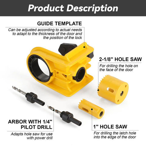 Door Lock Installation Kit With Tool Free C Clamp Design For Metal And Wood Doors Includes 2 Adjustable Bushings Bi Metal Hole Saw And Anti Warp Backing Plates Yellow showing saw and template.