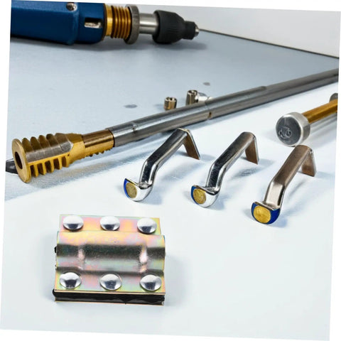 Heavy Duty Pipe Repair Clamp for Plastic and Metal waterproof leak sealer, metallic clamp parts with tools on a white surface.