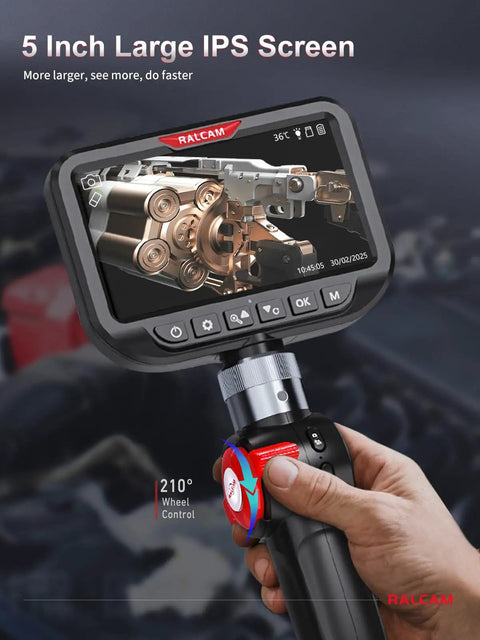 Dual Lens Articulating Borescope With Light Slim Probe And 5 Inch IPS Screen High-Res Imaging For Front And Side Angle Inspections In Engines Pipes And Machinery Time-Saving See Blind Spots And Repositioning Avoided, handheld with 5-inch display
