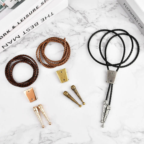 DIY Bolo Tie Making Kit With 3 Braided Leather Cords, 6 Alloy Cord Ends, 3 Iron Bolo Tie Slides, And 3 Classic Color Cords In Black, Gold, And Antique Copper For Crafting Custom Fits From Formal To Casual. Black, gold and copper cords with metal ends