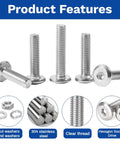 30Pcs M5 x 12mm Flat Head Hex Socket Cap Screws Set 304 Stainless Steel Fully Threaded Bolts With Hex Key And Screwdriver Bit Corrosion-Resistant For Furniture Machinery Indoor Outdoor Use product image showing features like nut washers and hexagon socket drive.