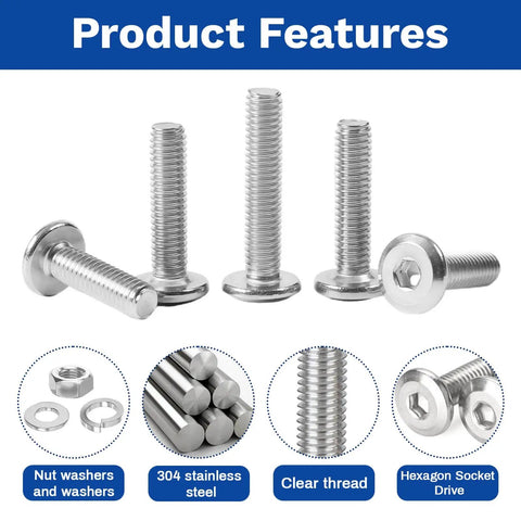 30Pcs M5 x 12mm Flat Head Hex Socket Cap Screws Set 304 Stainless Steel Fully Threaded Bolts With Hex Key And Screwdriver Bit Corrosion-Resistant For Furniture Machinery Indoor Outdoor Use product image showing features like nut washers and hexagon socket drive.