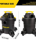 Beast Mode Wet Dry Vacuum With 6 Gallon Tank And 4 HP Power, black design with yellow accents, dimensions shown, on wheels.