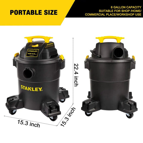 Beast Mode Wet Dry Vacuum With 6 Gallon Tank And 4 HP Power, black design with yellow accents, dimensions shown, on wheels.