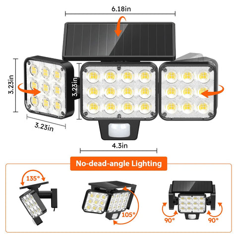 Two Pack Ultra Bright Solar Flood Lights Outdoor With Motion Sensor Three Head LED Security Lights Upgraded Glass Panel 3500 Lumens Waterproof Exterior Yard Flood Lamps Solar Powered Wide Angle Easy Mount showcasing dimensions and motion angles.