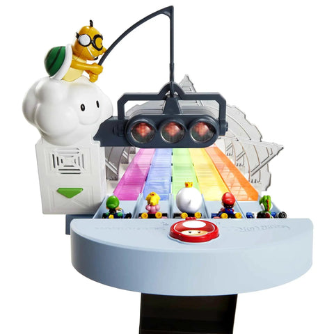 Hot Wheels Mario Kart Rainbow Road Raceway Track Set With Lights And Sounds start gate detail with colorful track and figures