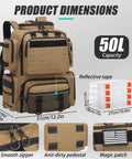 Rugged Tactical Fishing Backpack with tackle boxes, rod holders, bottle holder, 50L capacity, and cooler pocket shown dimensions.