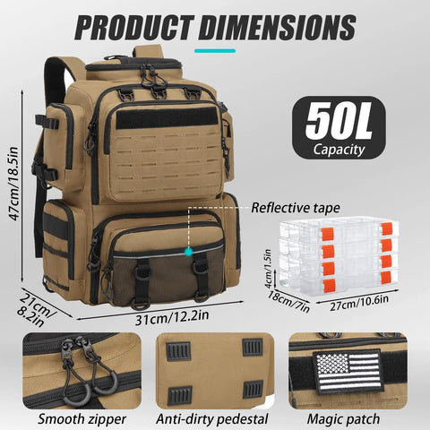 Rugged Tactical Fishing Backpack with tackle boxes, rod holders, bottle holder, 50L capacity, and cooler pocket shown dimensions.