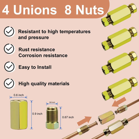 Heavy Duty Three Sixteenth Inch Copper Coated Brake Line Replacement Kit with Alloy Steel Tubing 25 Feet, fittings and dimensions