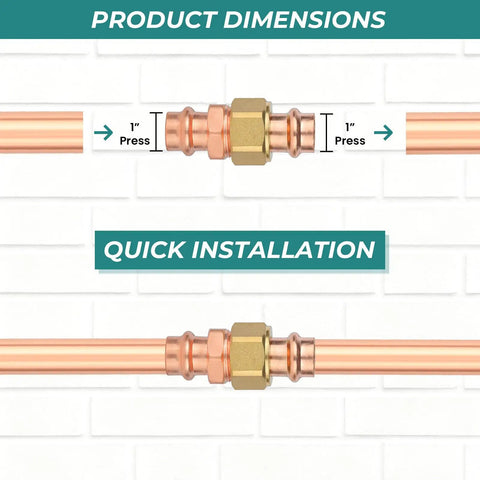 100 Pack Copper Union Coupling Fittings 1 X 1 Inch Press Connectors showing dimensions and installation for quick use.