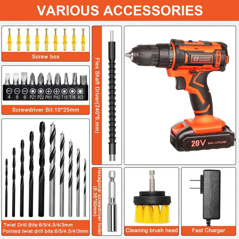 20V Cordless Drill Driver Set With Battery And Fast Charger LED Light 25 Plus One Torque Settings 43 Piece Drill Bit And Accessory Kit
