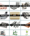 Tools collage of metalworking materials and machinery: wood blocks, carbon steel, aluminum alloy, titanium alloy, plastic, cast iron, stainless steel, copper.