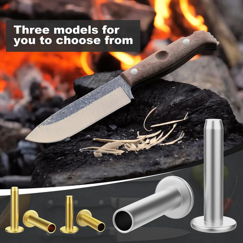Nickel Silver Knife Handle Rivet Pins 5/16 Inch Head 5/8 Inch Shaft Set Of 15 For DIY Knife Making shown with wooden knife handle.