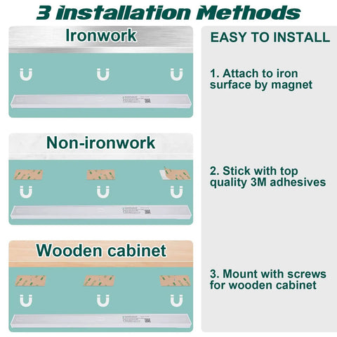 Image showing three installation methods for 84 LED Wireless Closet Lights With Motion Sensor: magnet, adhesive, screws.