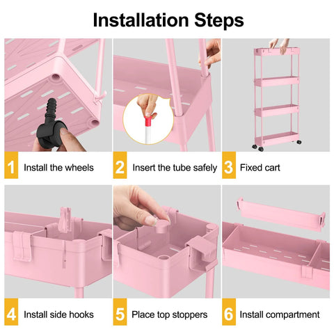 Installation steps for Four Tier Slim Storage Cart With Rolling Wheels For Narrow Gaps And Tight Spaces 38.7 Inch Tall Mobile Shelving Unit