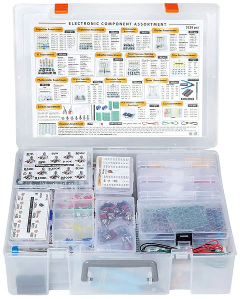 Beast Electronic Component Kit With 5228 Pieces including capacitors, transistors, diodes in an open storage box for prototyping.