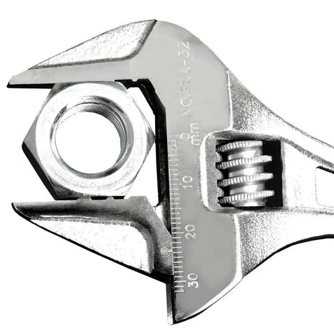 Pocket Size Adjustable Wrench With Grip, 7.28 Inch Short Handle, 53mm Jaw Opening holding a bolt, close-up view